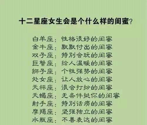 白羊座:30% 金牛座:10% 双子座:50% 巨蟹座:80% 十二星座女生会是个