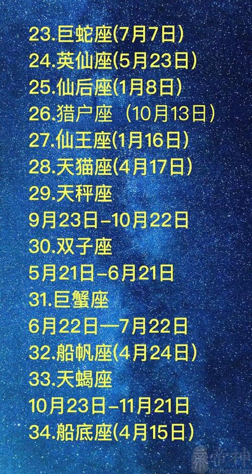 88个星座对应生日,88星座日期查询表-帝神算命网手机版