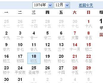 请问1974年12月18日,农历是多久?