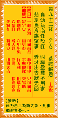 【蔡卿报恩】观音灵签第92签详解_观音灵签92签解签_观音灵签第92签求