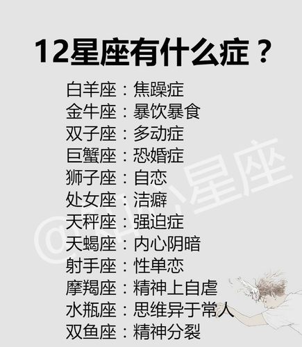 双鱼座:精神分裂天秤座:强迫症狮子座:自恋双子座:多动症12星座有什么